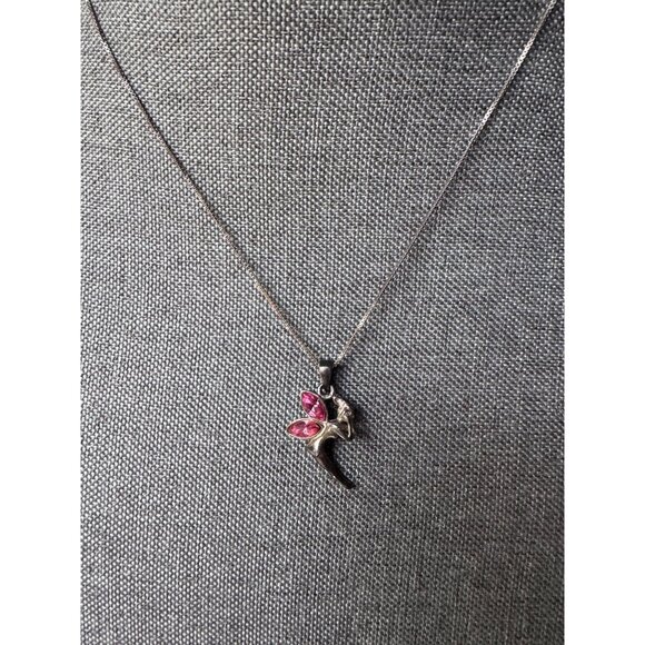 Sterling Silver Necklace With Fairy Pendant And Pink Glass Wings 18" - Picture 2 of 8